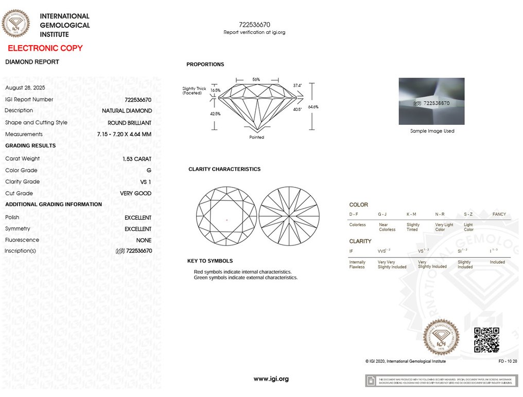 1 pcs Timantti  (Luonnollinen)  - 1.53 ct - Pyöreä - G - VS1 - Kansainvälinen gemologinen instituutti (IGI) #2.1