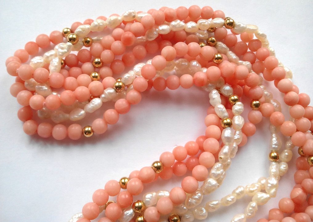 Sem preço de reserva - Colar Ouro amarelo 18 kt - Corais rosa - Scaramazzeperlen - 5 fileiras #4.3