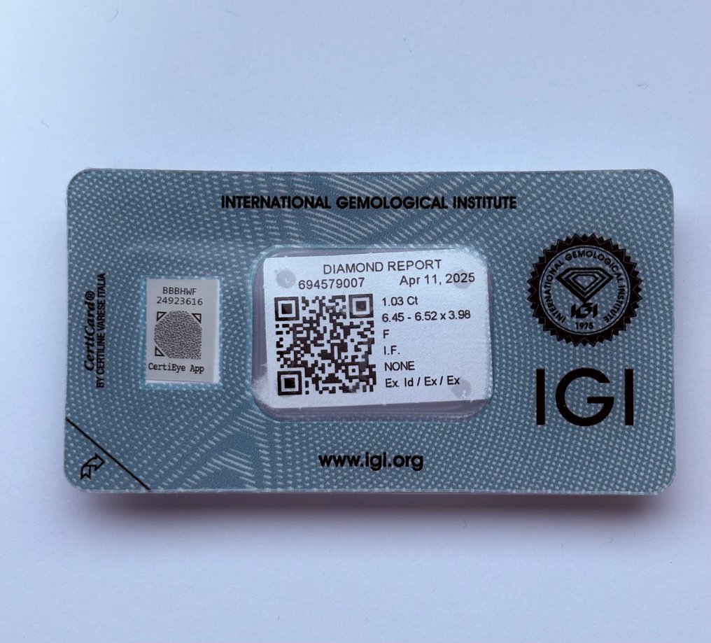 1 pcs 鑽石 (天然) - 1.03 ct - 圓形 - F(近乎無色) - IF - 國際寶石學院(International Gemological Institute (IGI)) - Ex Ex Ex 无 #1.0