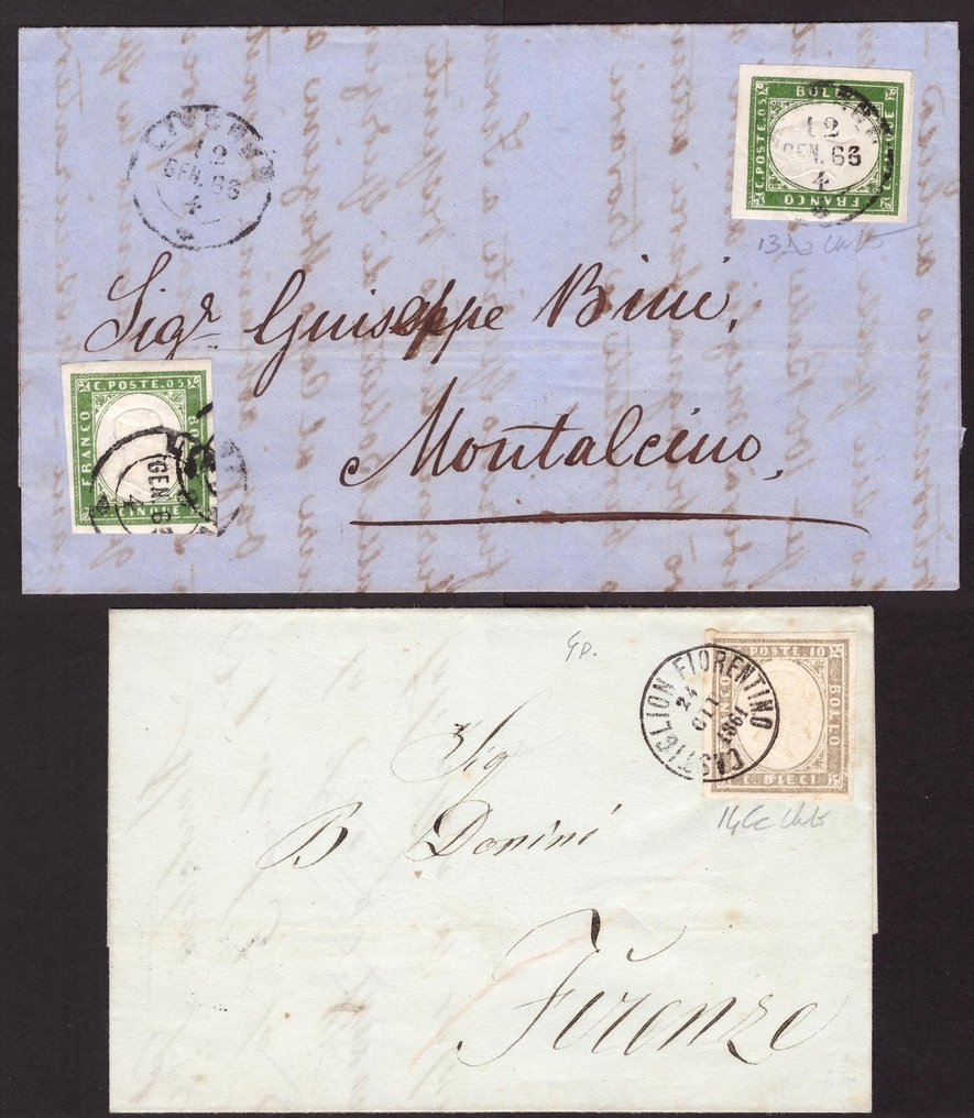 意大利古城邦-撒丁岛 1861/1862 - 在托斯卡纳使用的两封信，费率为10分。 - Sassone  14Cc 13Da #1.0