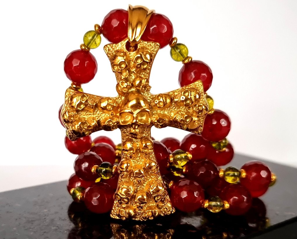 红宝石 - 橄榄石 - 项链 - 中世纪基督教 - 十字架 - 头骨(Memento Mori) - 项链 - 永恒的精神光辉 #1.0