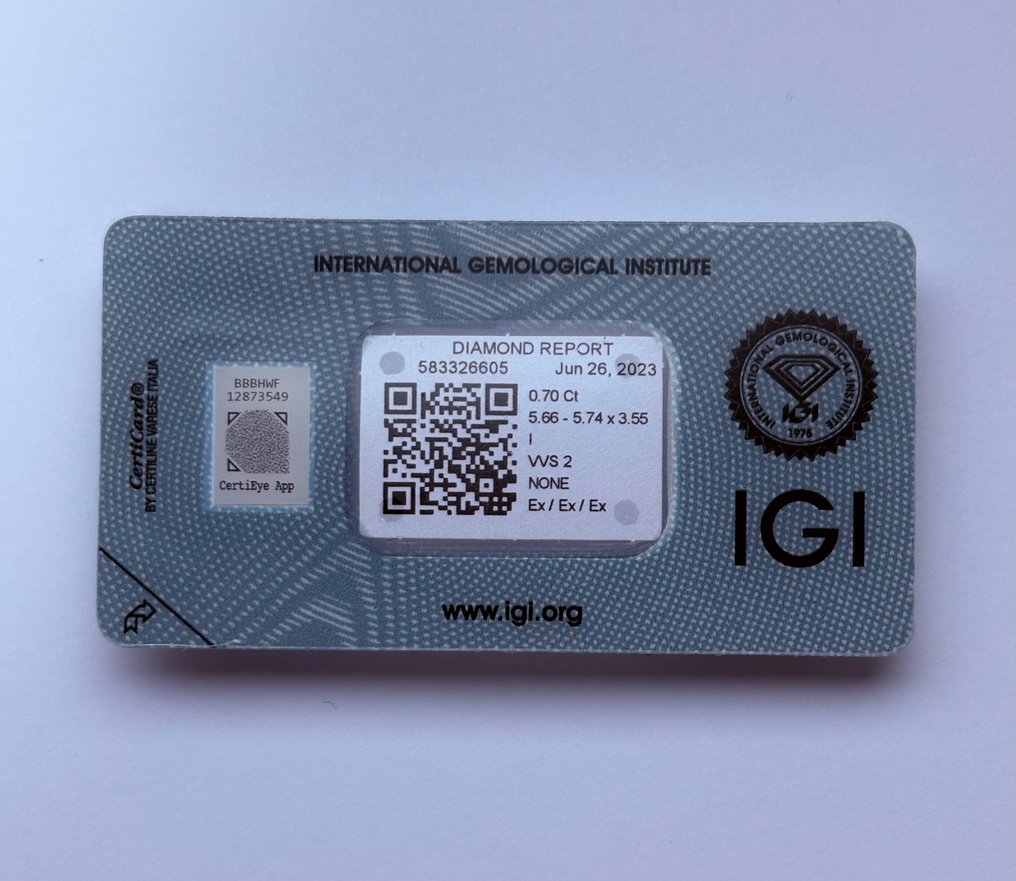 1 pcs Gyémánt (Természetes) - 0.70 ct - Kerek - I - VVS2 - Nemzetközi Gemmológiai Intézet (IGI) - Ex Ex Ex Nincs #1.0