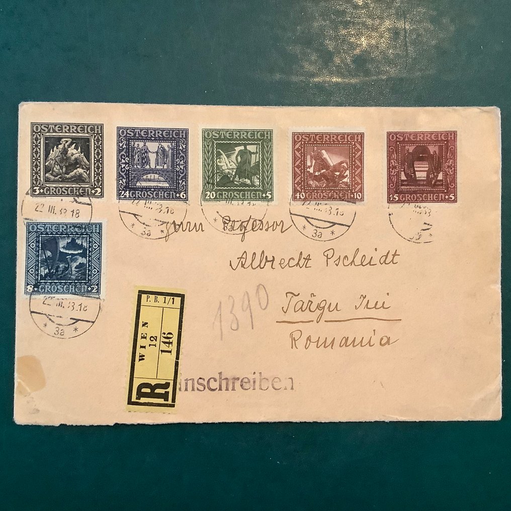 Αυστρία 1926 - Νιμπελουγκ Λεγέντε: πλήρης αποστολή μέσω αυθεντικής επιστολής προς τη Ρουμανία. - Michel 488/493 #1.0