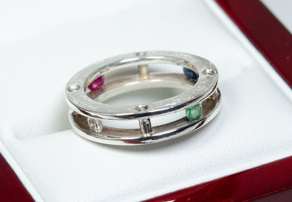 没有保留价 - 戒指 - 925 银 - 0.10 克拉钻石/ 0.15 克拉蓝宝石/ 0.15 克拉红宝石/ 翡翠 - 设计师戒指 #1.0