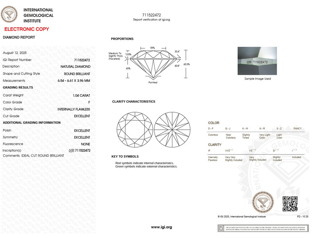 1 pcs Gyémánt (Természetes) - 1.04 ct - Kerek - F - IF - Nemzetközi Gemmológiai Intézet (IGI) - Ex Ex Ex Nincs #2.1