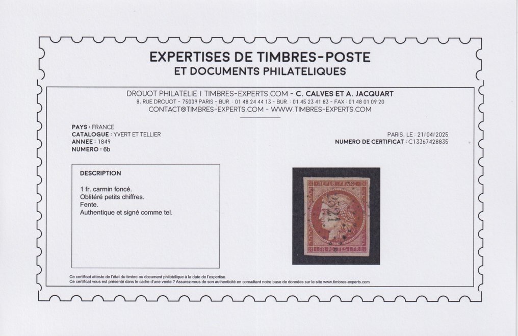 Frankrijk 1849 - Cérès, nr. 6b, 1fr donker karmijn, licht geobliteerd PC, ondertekend en gecertificeerd. Zeer mooi. - Yvert #2.1