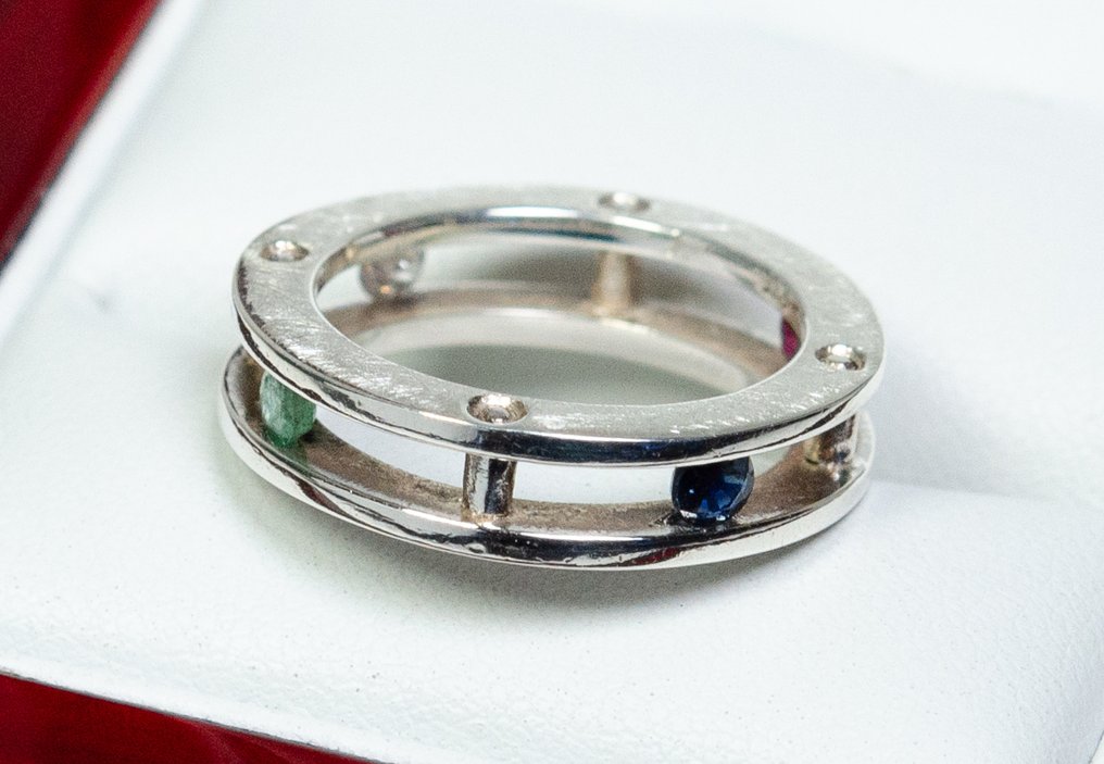 没有保留价 - 戒指 - 925 银 - 0.10 克拉钻石/ 0.15 克拉蓝宝石/ 0.15 克拉红宝石/ 翡翠 - 设计师戒指 #2.1