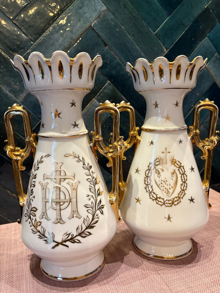 Vieux Paris - 花瓶 (2)  - 瓷器 - 手工标记 - 34 厘米 #1.0