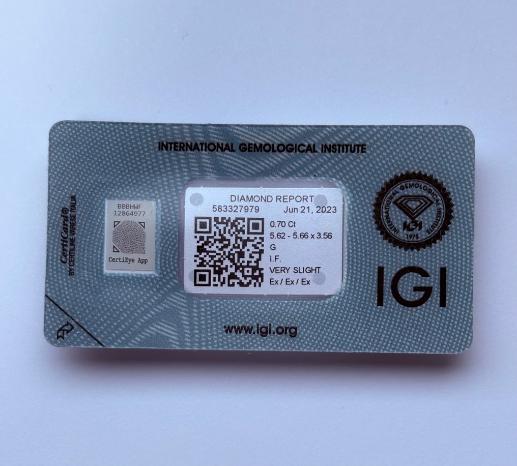 1 pcs Diamant  (Natur)  - 0.70 ct - Rund - G - IF - International Gemological Institute (IGI) - Ex Ex Ex #1.0