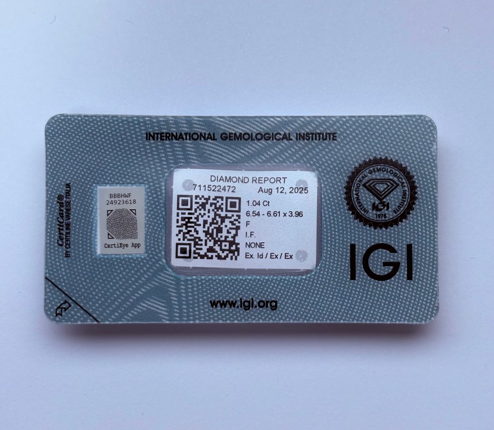 1 pcs Gyémánt (Természetes) - 1.04 ct - Kerek - F - IF - Nemzetközi Gemmológiai Intézet (IGI) - Ex Ex Ex Nincs #1.0