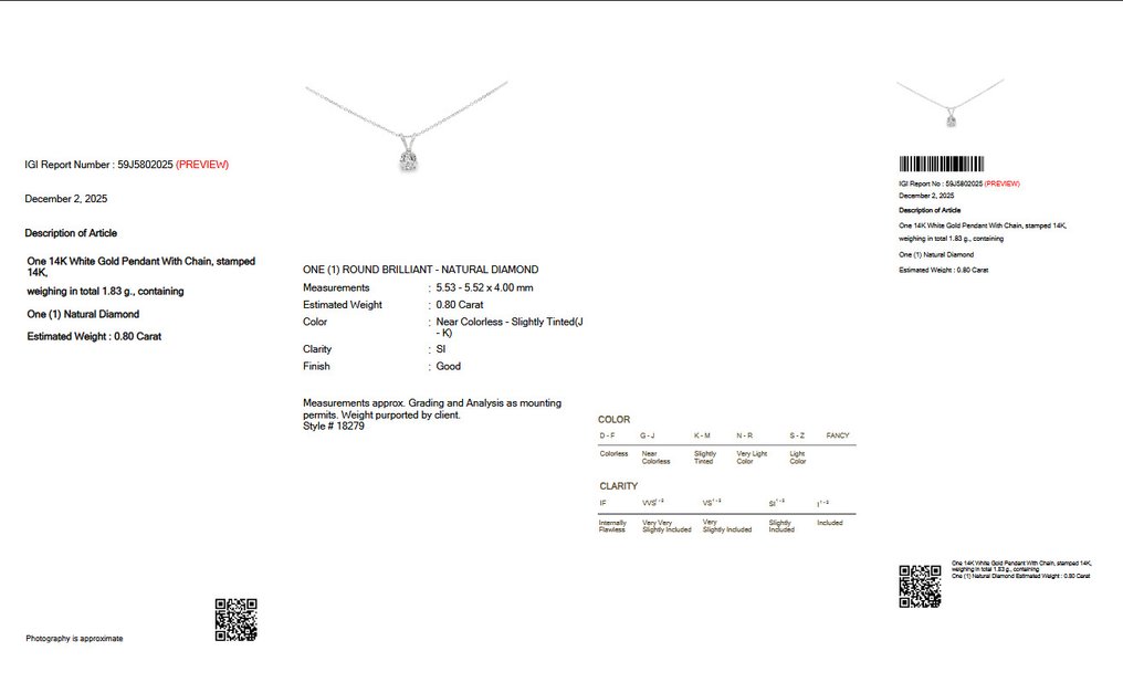 没有保留价 - 吊坠项链 - 14K包金 白金 -  0.80ct. tw. 钻石 (天然) - IGI #2.1