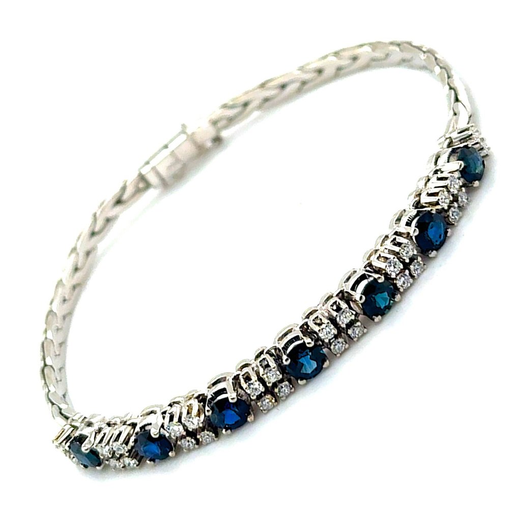 网球手链 - 18K包金 白金 - 3.64ct. tw. 蓝宝石 - 钻石 - 18K 750 网球 Rivière #3.2