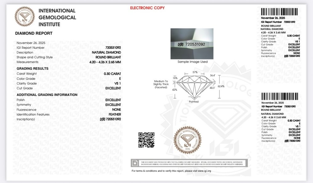 1 pcs 钻石 (天然) - 0.30 ct - 圆形 - E - VS1 轻微内含一级 - 国际宝石研究院(IGI) - *EX EX EX* 免运费 #4.3