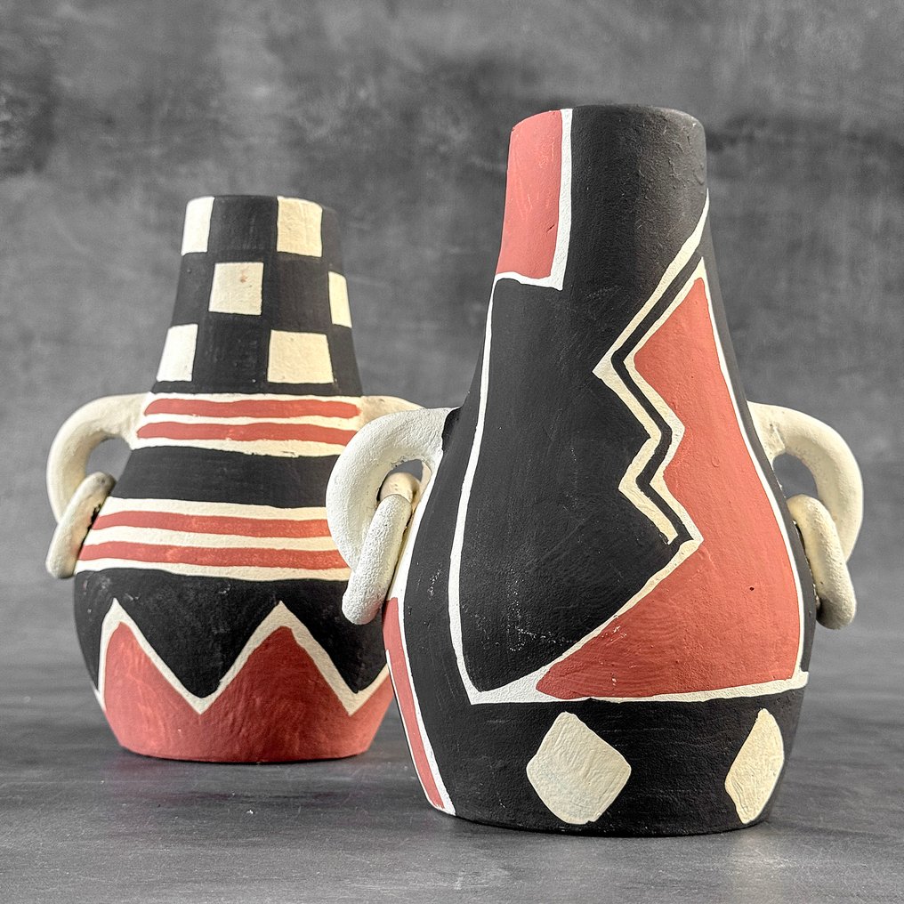 Decorative ornament (2) - NO RESERVE PRICE -Wonderful Pair of Colorful Terracotta Pottery - Indonesia #1.0