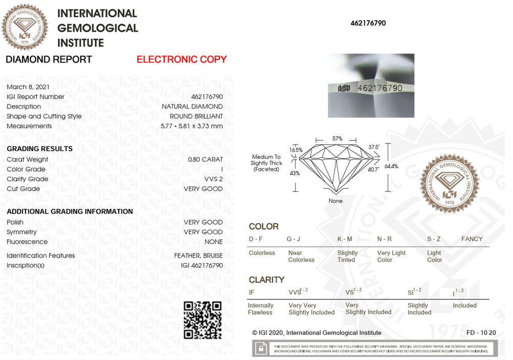 1 pcs Diamant (Natural) - 0.80 ct - Rotund - I - VVS2 - IGI (Institutul gemologic internațional) #2.1