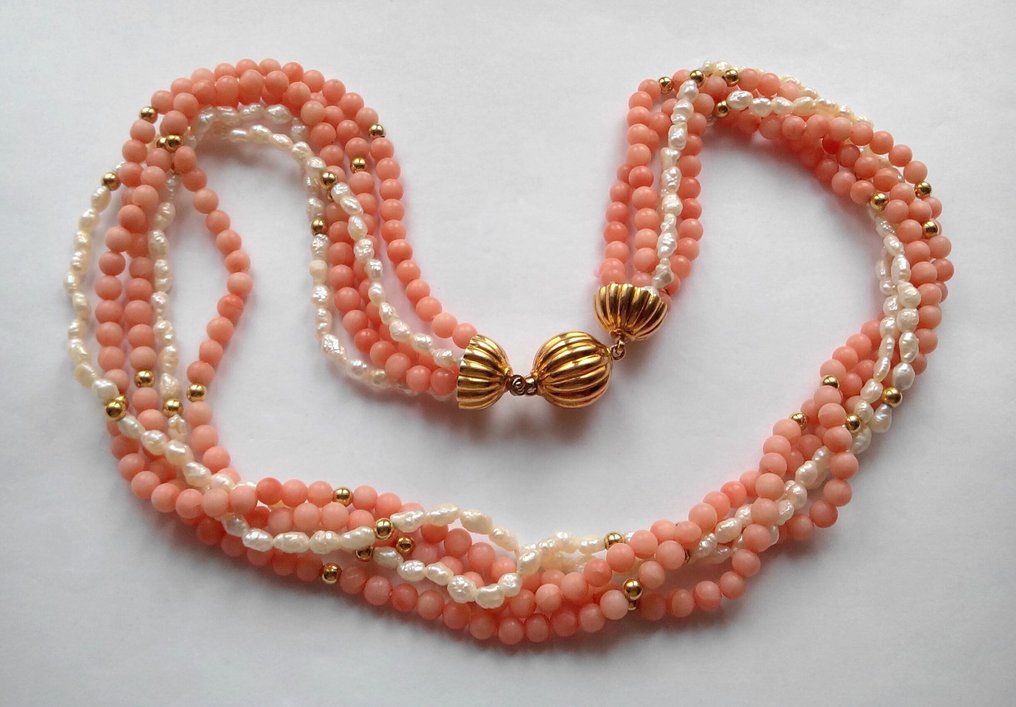 Sem preço de reserva - Colar Ouro amarelo 18 kt - Corais rosa - Scaramazzeperlen - 5 fileiras #1.0