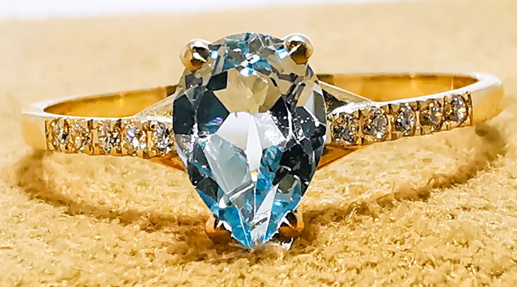 χωρίς τιμή ασφαλείας - Δαχτυλίδι - 14 καράτια Κίτρινο χρυσό - 0.65ct. tw. Ακουαμαρίνης - Διαμάντι #1.0