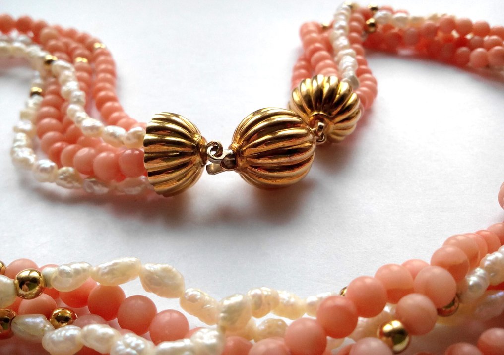 Sem preço de reserva - Colar Ouro amarelo 18 kt - Corais rosa - Scaramazzeperlen - 5 fileiras #3.2