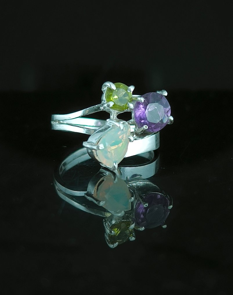 Opala - Prata - Anel de amuleto - Amatista #1.0