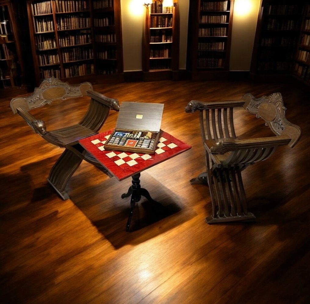 Dal Negro - Savonarola - Dagobert - Tavolo da gioco (3) - Art Design - Scacchiera Girevole - Legno, Ottone, Bronzo - Set di Poltrone #1.0