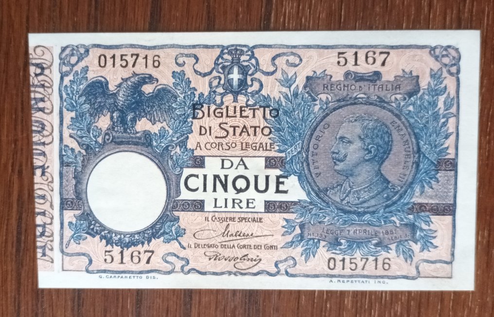 義大利. 5 Lire- 5 Lire 19/09/1923 "Floreale" - Gigante BS 12F; Pick 23f (沒有保留價) #1.0