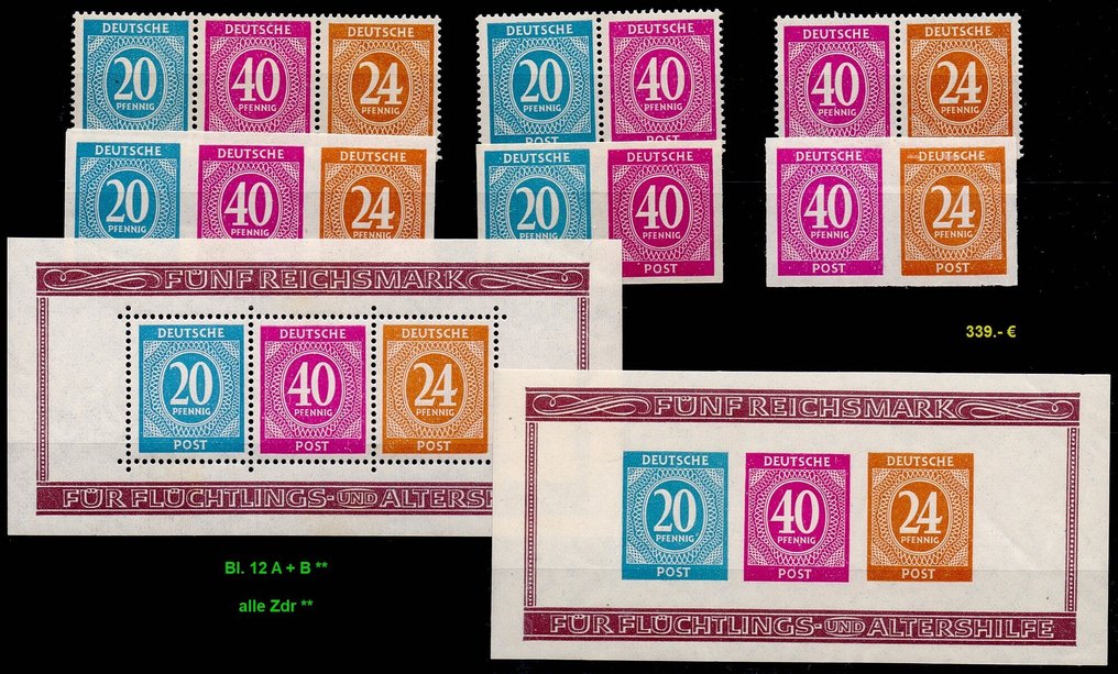Liittoutuneet - Saksa 1946 - Yhteisökustannukset, lohkot 12 A ja 12 B kaikkine yhdistelmälähetyksineen MNH. #1.0