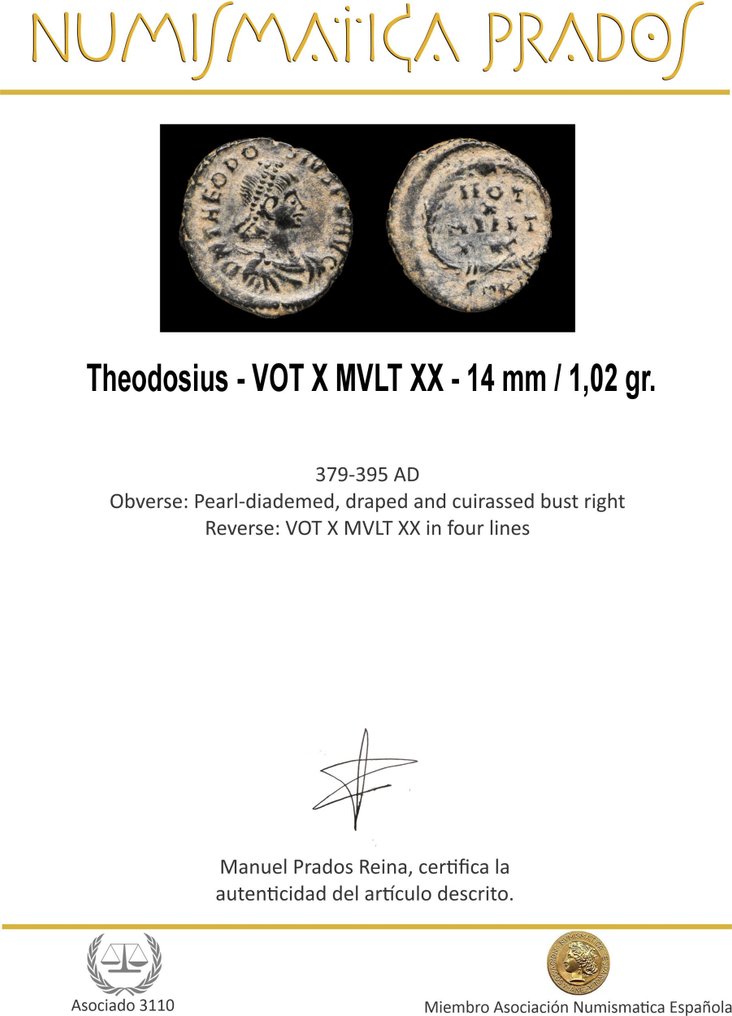 罗马帝国. 西奥多修斯一世（公元379-395）. VOT X MVLT XX  (没有保留价) #1.0