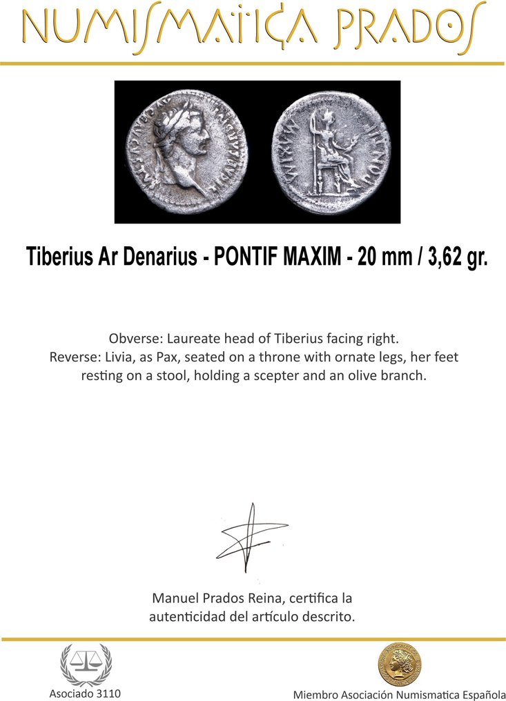羅馬帝國. 提貝里烏斯 (AD 14-37). Denarius PONTIF MAXIM  (沒有保留價) #1.0