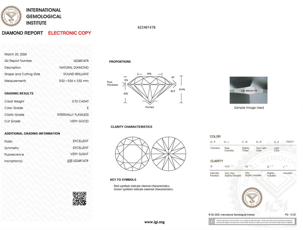 1 pcs Diamant (Natural) - 0.70 ct - Rotund - E - IF - IGI (Institutul gemologic internațional) #2.1