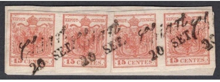 Østrig 1850/1854 - Lombardo Veneto 15 Cent III x4 Chiari 1854 sjældent fragment #1.0