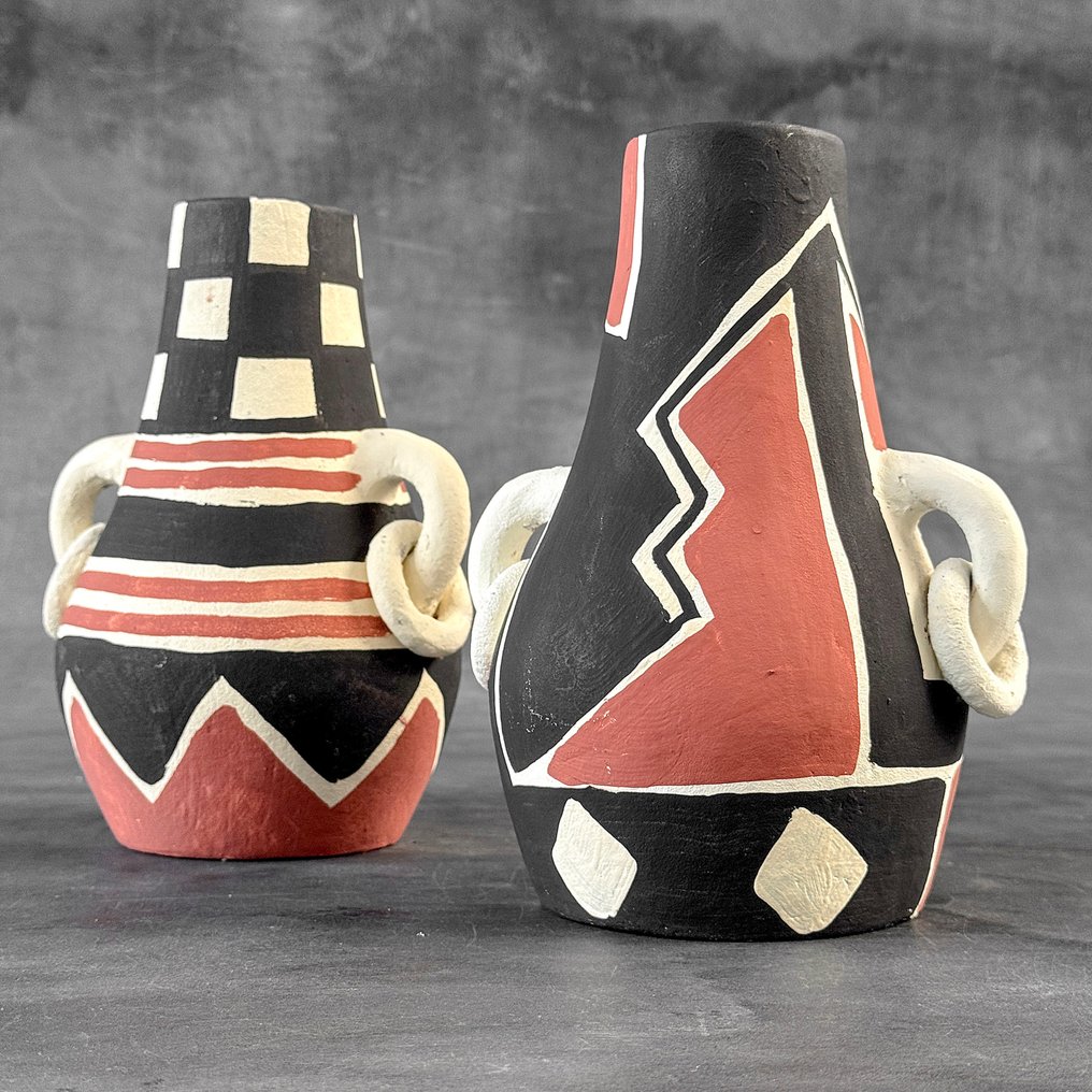 Decorative ornament (2) - NO RESERVE PRICE -Wonderful Pair of Colorful Terracotta Pottery - Indonesia #2.1