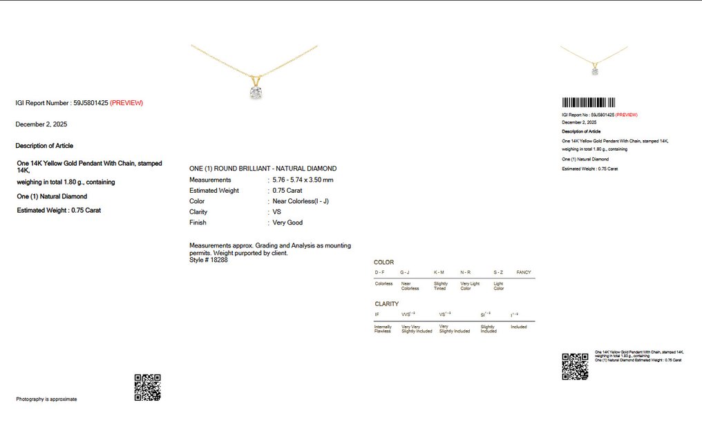 沒有保留價 - 吊墜頸鏈 - 14 克拉 黃金 -  0.75ct. tw. 鉆石 (天然) - IGI #2.1