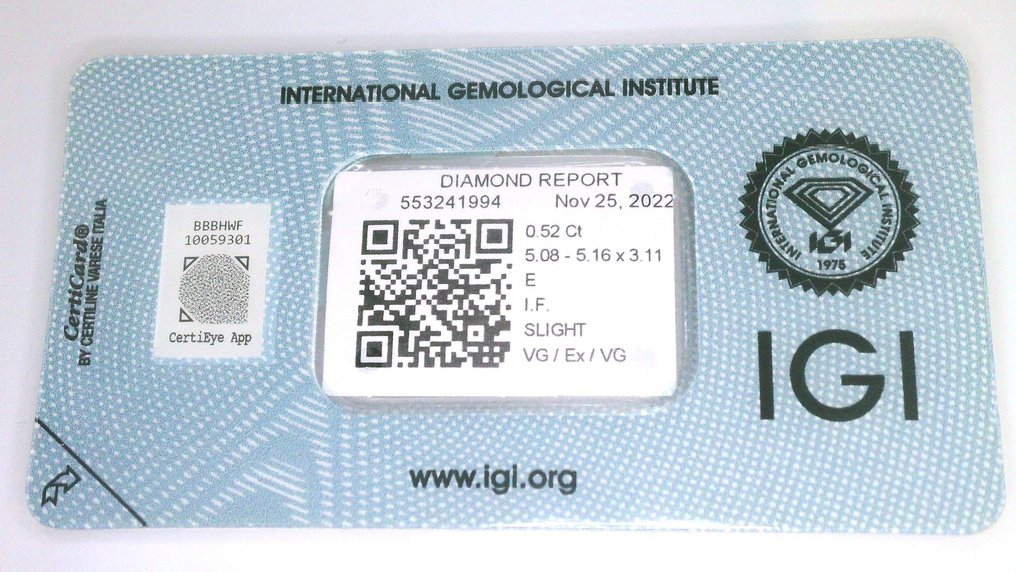 1 pcs Diamant (Natural) - 0.52 ct - Rotund - E - IF - IGI (Institutul gemologic internațional) #1.0