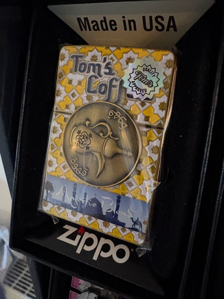 Zippo - Zippo Tom’s coffee PROMO sample - Ingen mindstepris - Lighter - Messing, Træ, Emalje, Forsølvet #4.3