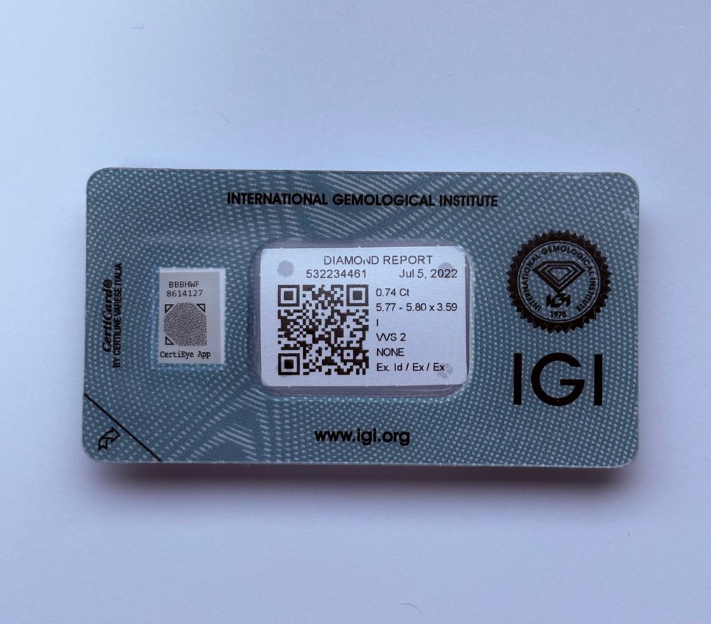 1 pcs Diamond (Natural) - 0.74 ct - Round - I - VVS2 - International Gemological Institute (IGI) - Ex Ex Ex None #3.2