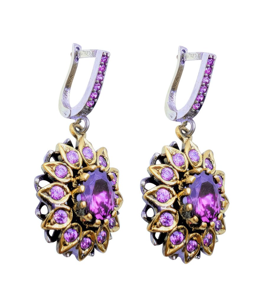 Ingen reservasjonspris - Øredobber Sølv, Gullplattert Ametyst - 7,80 kt. #2.1