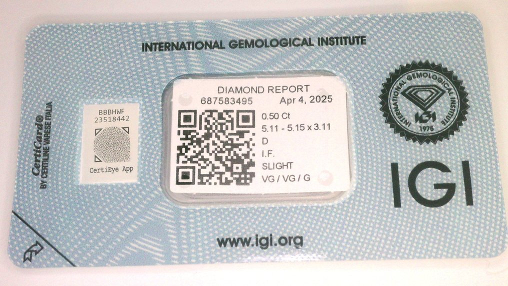 1 pcs Διαμάντι (Φυσικό) - 0.50 ct - Στρογγυλό - D (άχρωμο) - IF - International Gemological Institute (IGI) #1.0