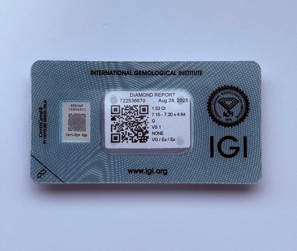 1 pcs Timantti  (Luonnollinen)  - 1.53 ct - Pyöreä - G - VS1 - Kansainvälinen gemologinen instituutti (IGI) #1.0