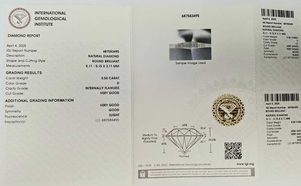1 pcs Διαμάντι (Φυσικό) - 0.50 ct - Στρογγυλό - D (άχρωμο) - IF - International Gemological Institute (IGI) #4.3