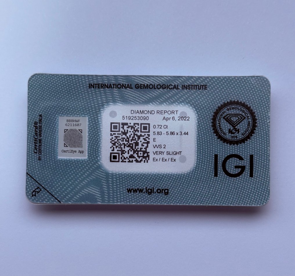 1 pcs Diamante  (Natural)  - 0.72 ct - Redondo - E - VVS2 - International Gemological Institute (IGI) - Ex Ex Ex #3.2