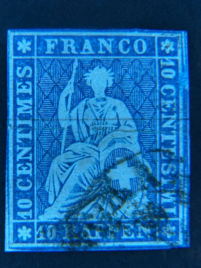 Svájc 1856/1857 - Svájc – Ülő Helvetia („Strubel”), 10 Rappen Kék, SBK 23E - SBK No. 23E #3.2