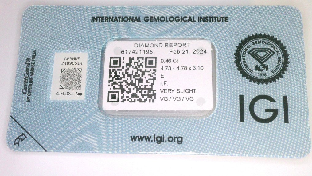 1 pcs Diamond (Natural) - 0.46 ct - Round - E - IF - International Gemological Institute (IGI) #1.0