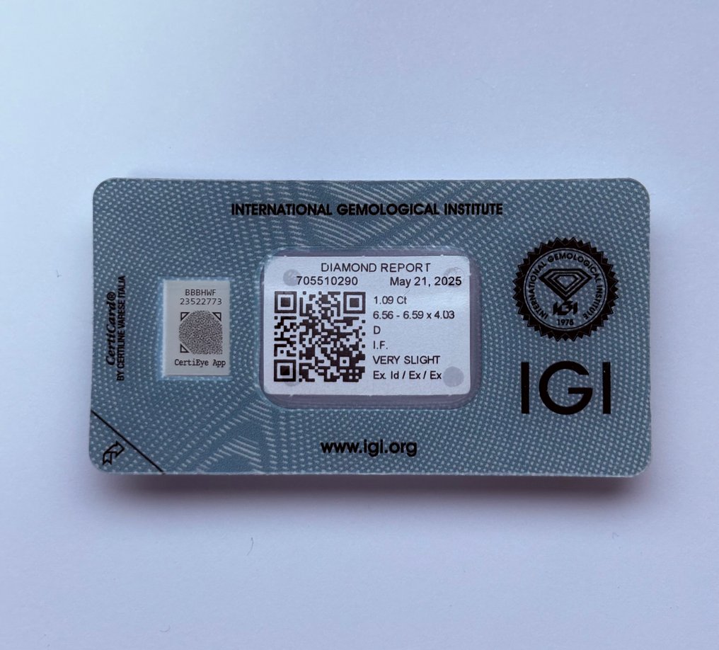 1 pcs Diamond  (Natural)  - 1.09 ct - Round - D (colourless) - IF - International Gemological Institute (IGI) - Ex Ex Ex #1.0