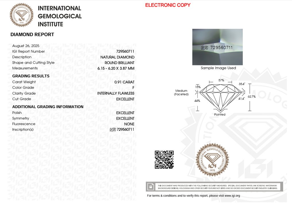 1 pcs Diamante (Natural) - 0.91 ct - Redondo - F - IF - International Gemological Institute (IGI) - Ex Ex Ex None #2.1