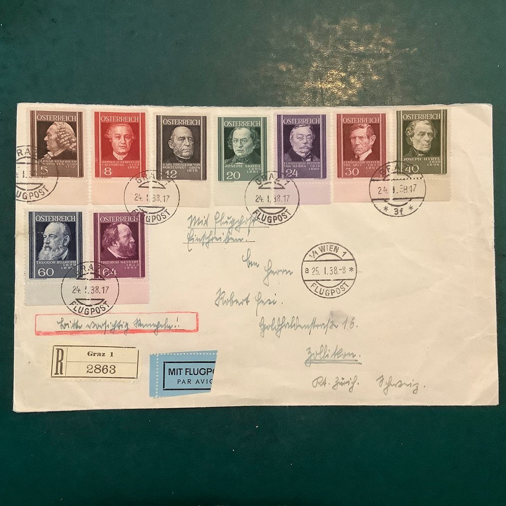 Αυστρία 1937 - Artsen: πλήρης σειρά από αεροπορική επιστολή προς την Ελβετία. - Michel 649/657 #1.0