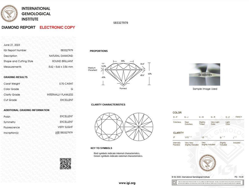 1 pcs Diamant  (Natur)  - 0.70 ct - Rund - G - IF - International Gemological Institute (IGI) - Ex Ex Ex #3.2