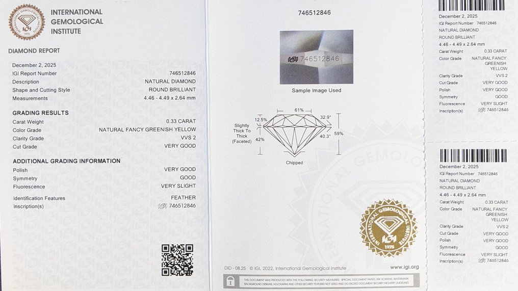 χωρίς τιμή ασφαλείας - 1 pcs Διαμάντι  (Φυσικού χρώματος)  - 0.33 ct - Στρογγυλό - Fancy Πρασινωπό Κίτρινο - VVS2 - International Gemological Institute (IGI) #1.0