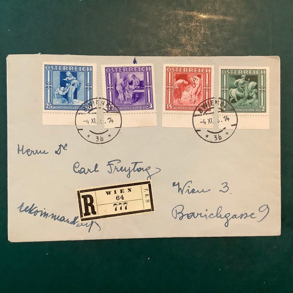 Αυστρία 1937 - Winterhulp III: πλήρης έκδοση σε συστημένη επιστολή. - Michel 628/631 #1.0