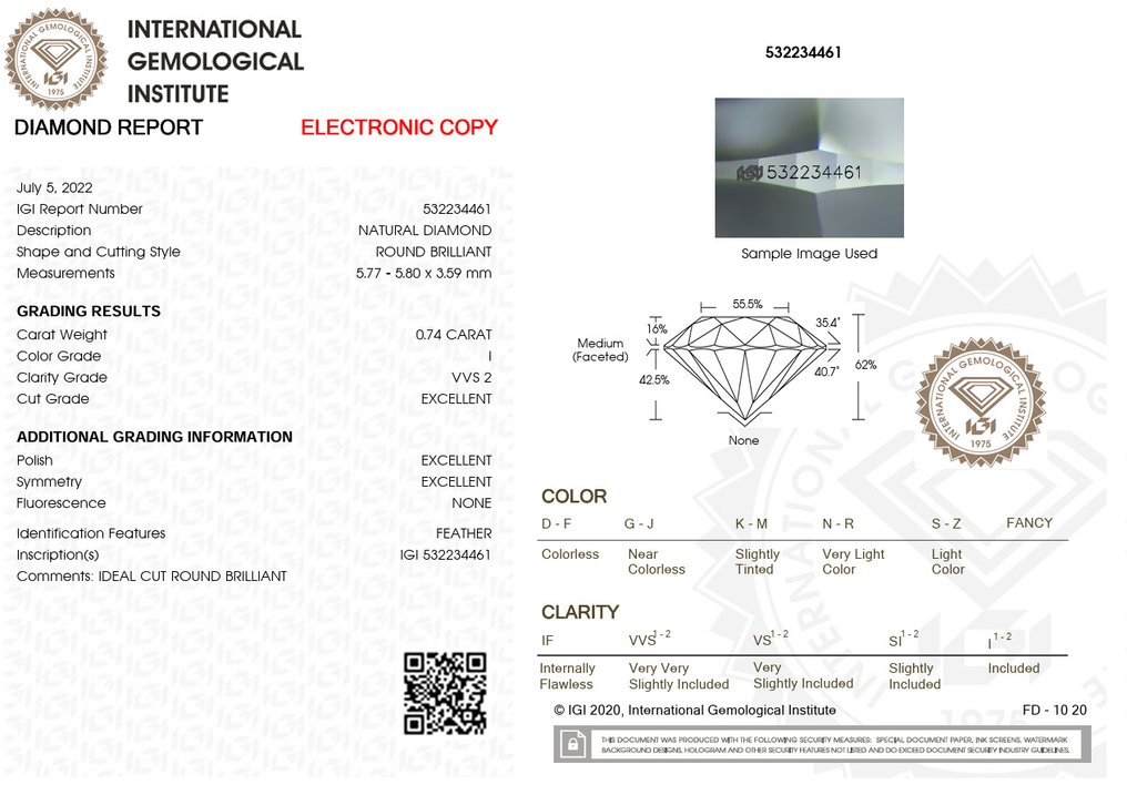1 pcs Diamond (Natural) - 0.74 ct - Round - I - VVS2 - International Gemological Institute (IGI) - Ex Ex Ex None #2.1