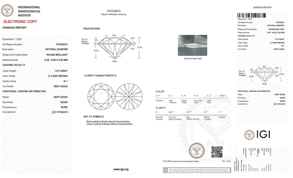 1 pcs 钻石  (天然)  - 1.01 ct - 圆形 - K - SI1 微内含一级 - 国际宝石研究院（IGI） #2.1